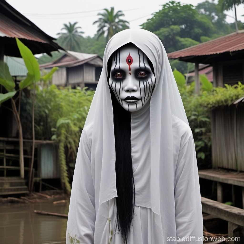 An artwork depicting the Pontianak ghost, enhancing the eerie ambiance of the haunting tale.