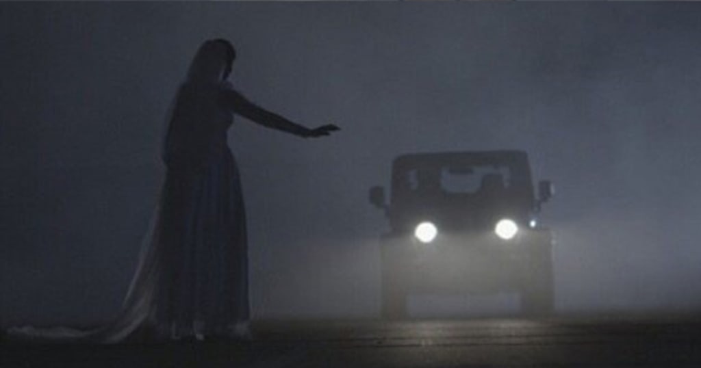 Representation of a vanishing hitchhiker on a dark and stormy night