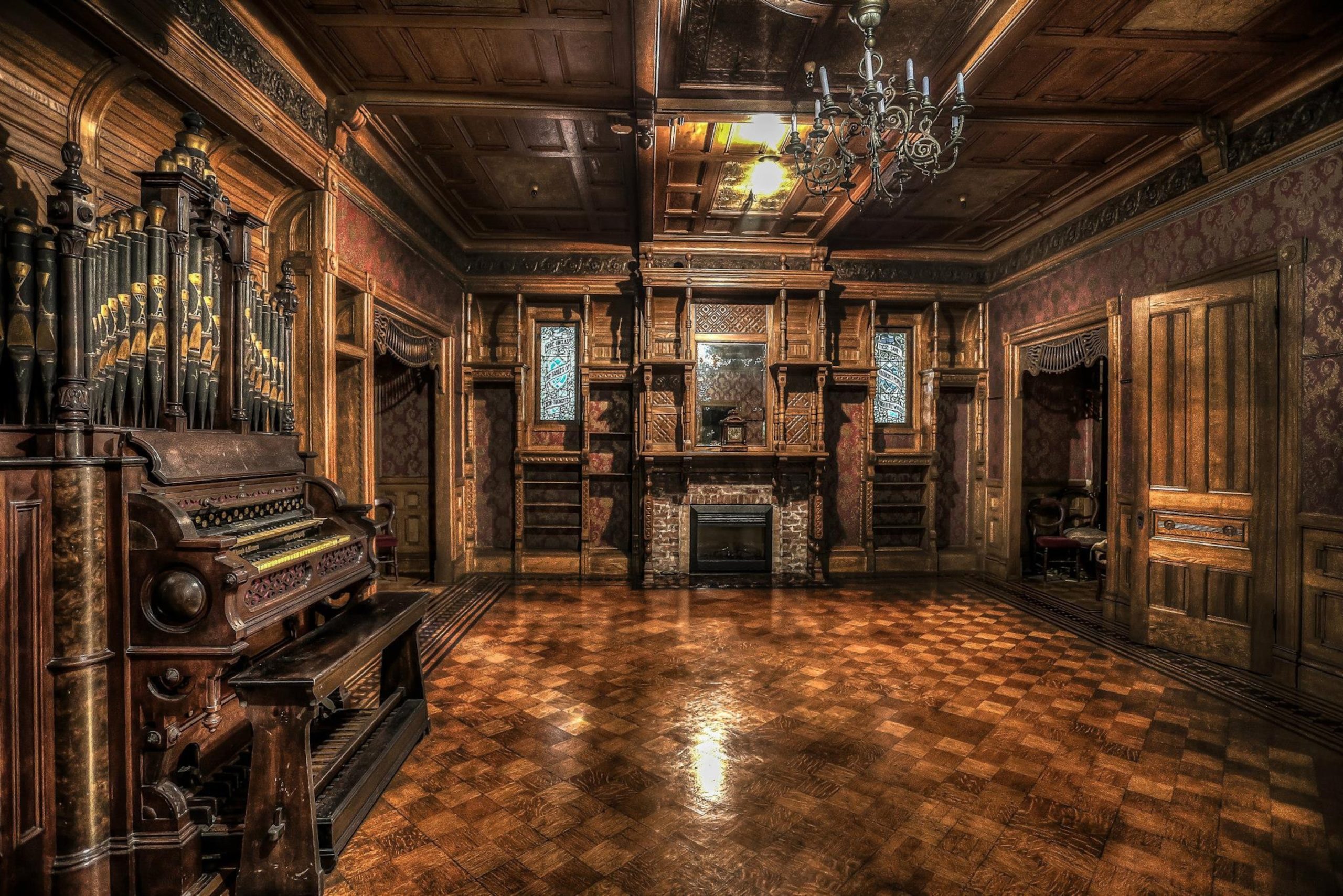 The Grand Ballroom of the Winchester Mystery House, steeped in mystery and history.