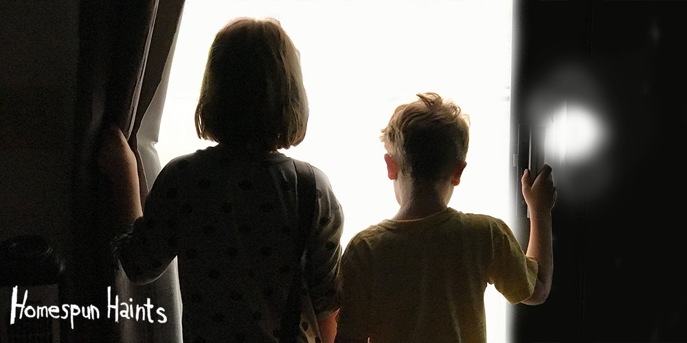 Children exploring a haunted bedroom with ghostly hints