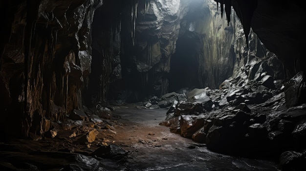 Dark and spooky cave, enhancing the feeling of an unsettling silence.