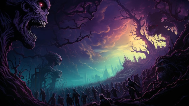 An enchanting twilight forest filled with ghostly figures, enhancing the story's haunting ambiance.