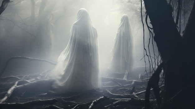 Ghostly apparitions in a misty forest