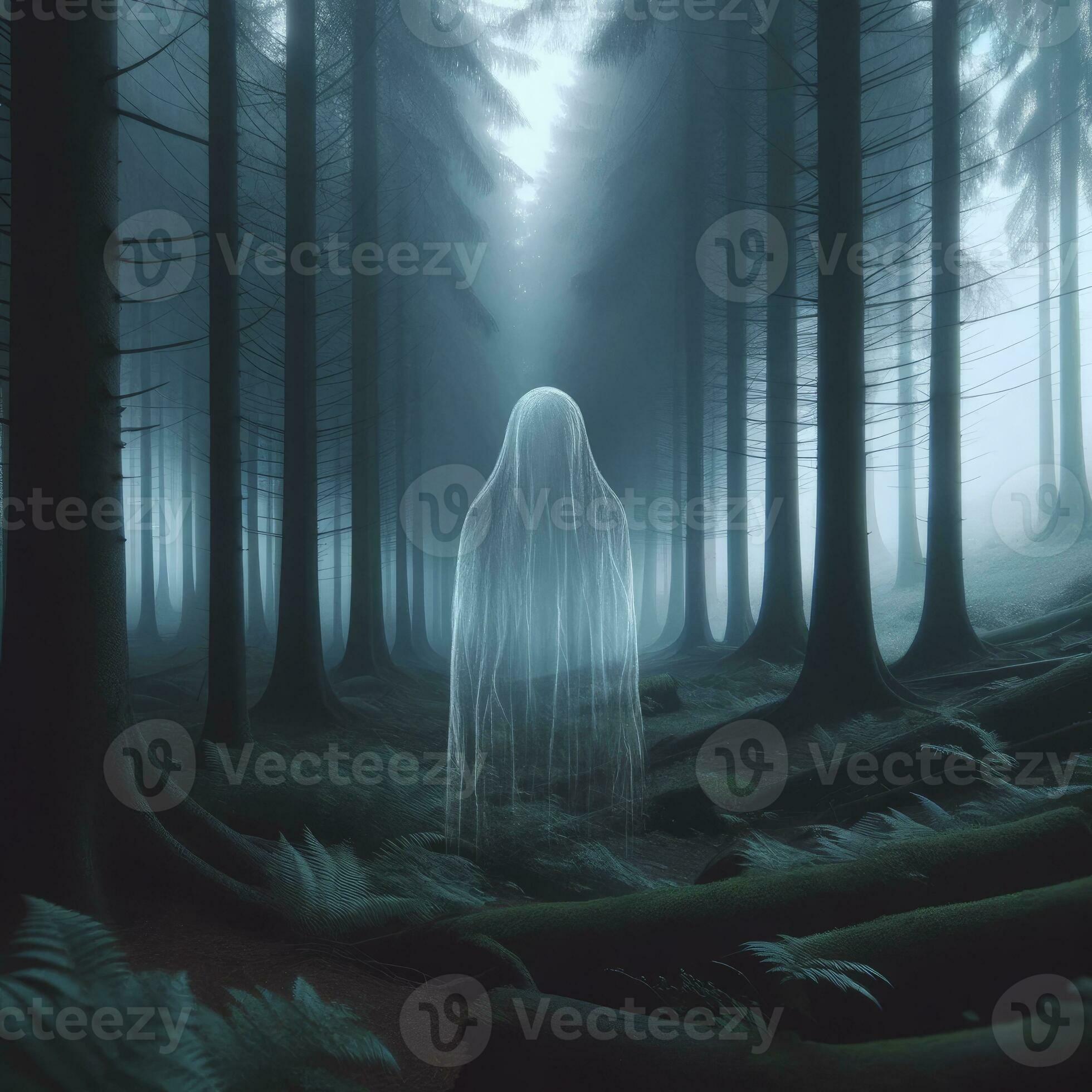 A ghostly figure blending into the fog of a misty forest at twilight, reflecting the theme of melancholic eeriness.