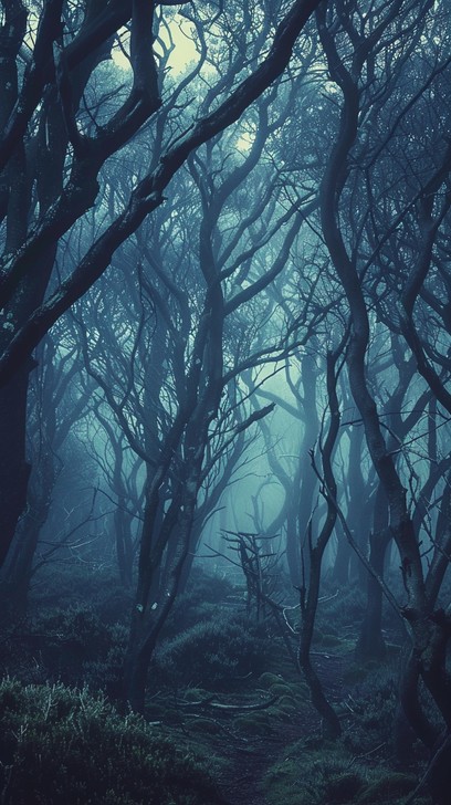 A serene misty twilight woodland that captures the feeling of mystery and gloom as described in the story.