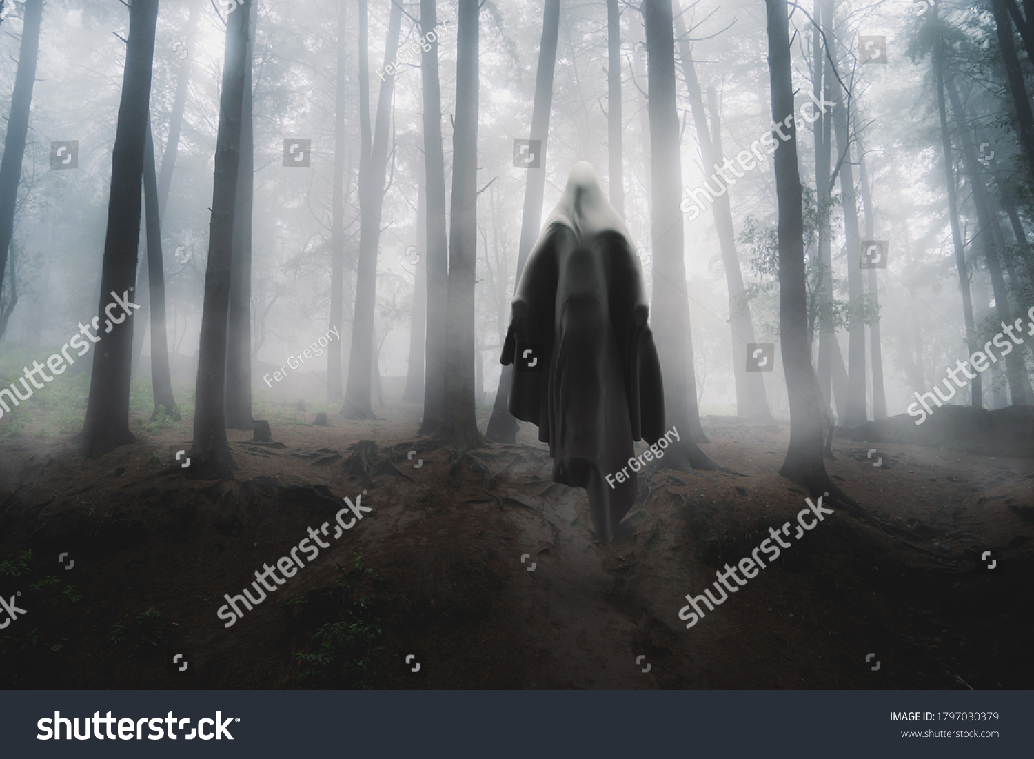 Scary ghost floating in foggy forest