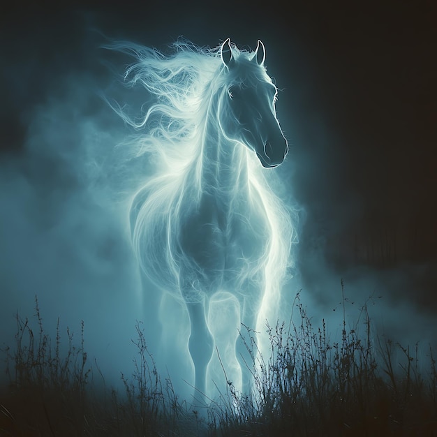 A white horse ghostly apparition in a misty forest