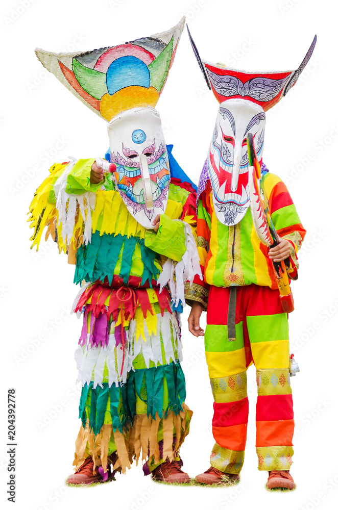 Close-up of colorful Phi Ta Khon festival masks used in the festivities.