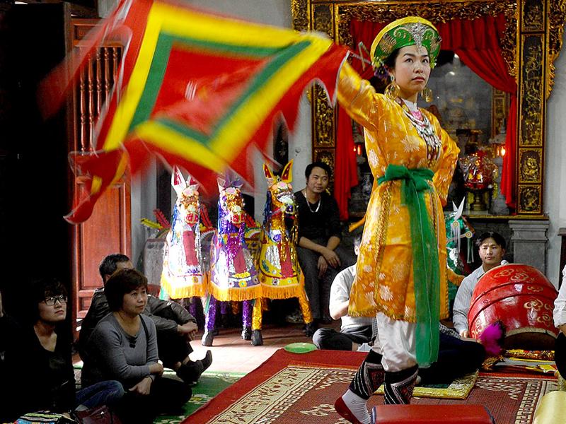 Len Dong cultural practice in Vietnam featuring traditional spirit possession dance.