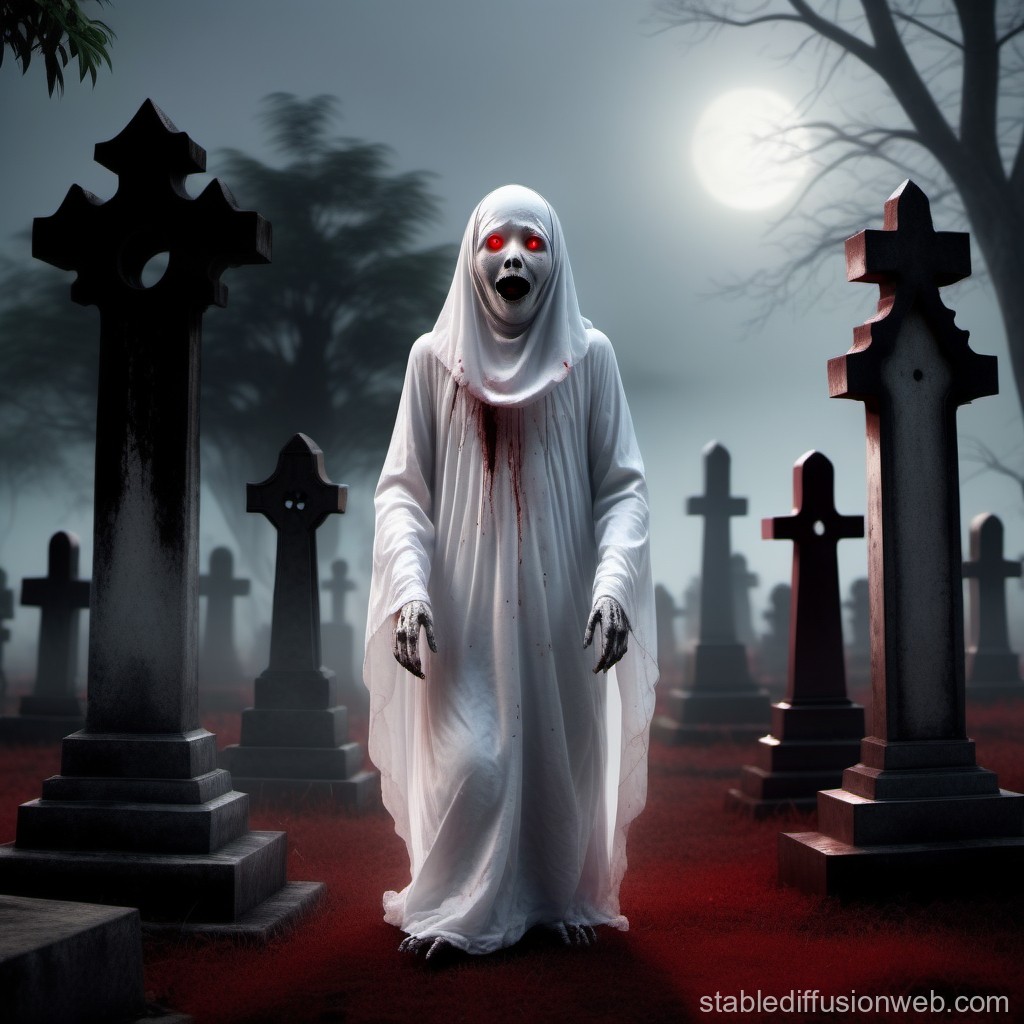 Real 8K Pocong Ghost with Red Eyes in Traditional Cemetery