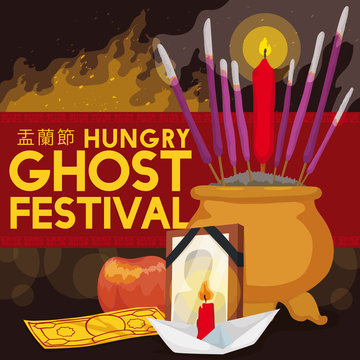 Vector illustration depicting the night celebration of the Hungry Ghost Festival with traditional offerings.