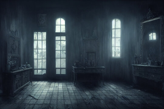 A creepy and dimly lit abandoned interior, adding to the atmosphere of fear