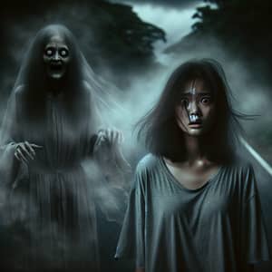 Ethereal Malay female ghost spirit in moonlit forest