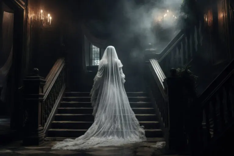 The ethereal appearance of a ghost bride, symbolizing stories of love and loss.