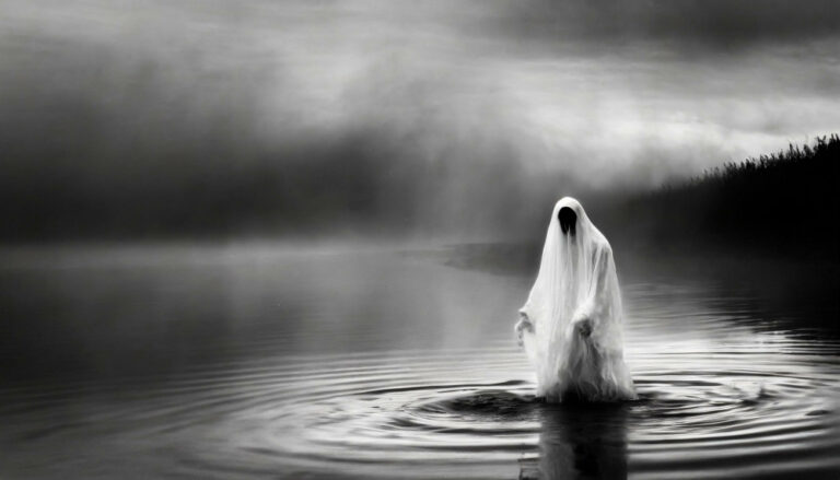 An eerie image of a ghostly figure emerging from a lake, representing water spirits in folklore.