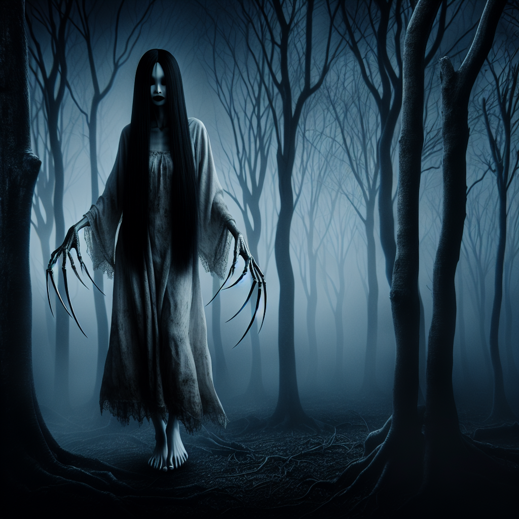 An artistic rendition of the Langsuyar in a dark forest, capturing her vengeful character.