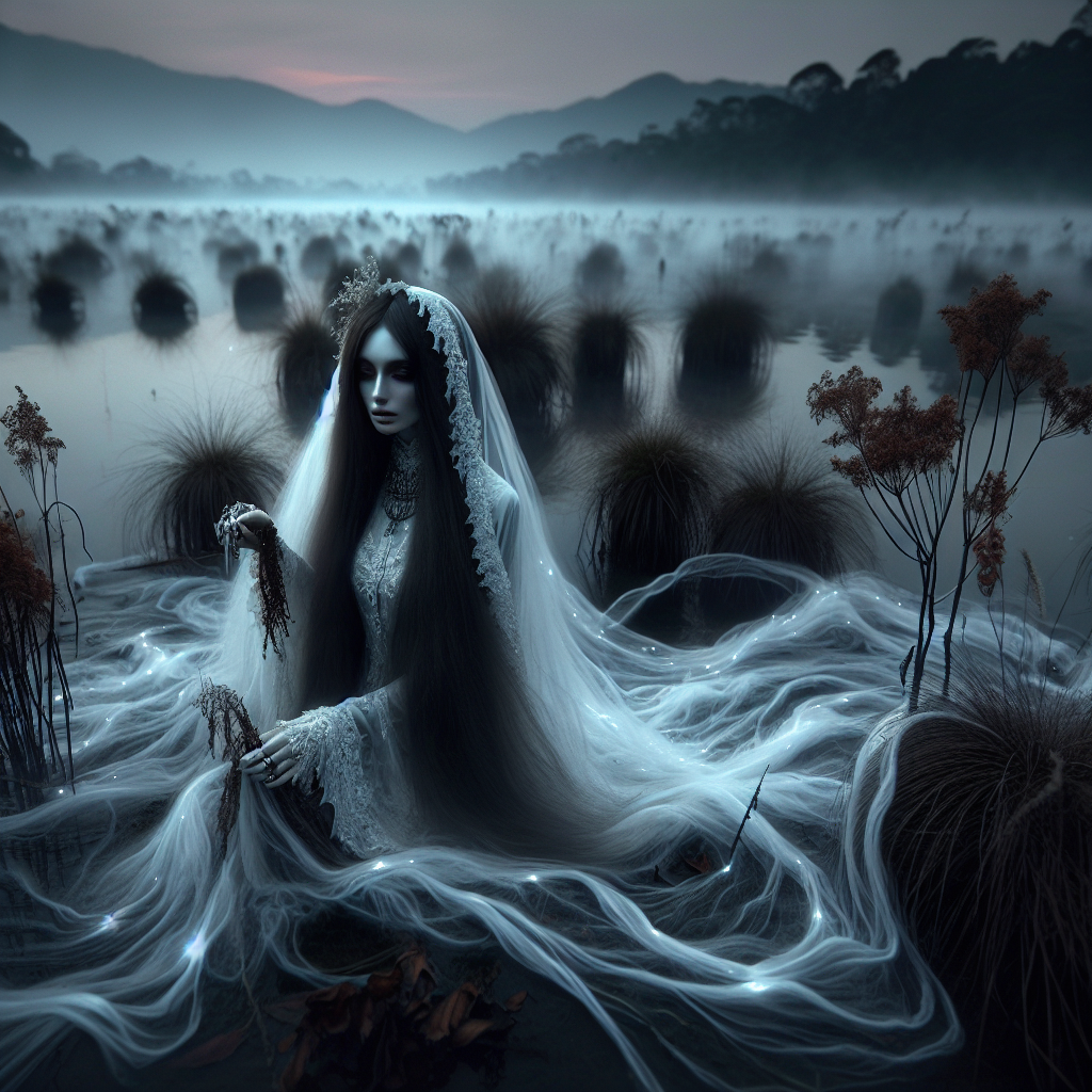 Artistic representation of a ghostly figure in a mystical landscape