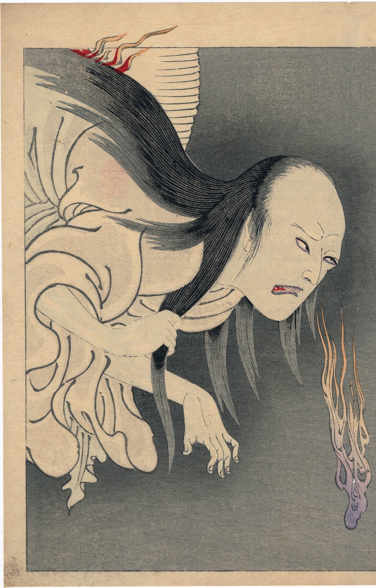 Yoshiiku's artwork depicting Oiwa emerging from a lantern, representing the supernatural aspects of her story.