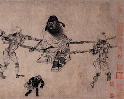 A classic depiction of Zhong Kui, a ghostbuster in Chinese folklore, representing the duality of spookiness and protection within the cultural context.