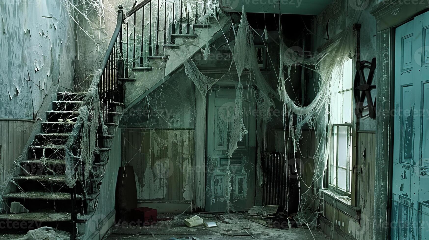 Cobwebs and decay in an old haunted space creating an atmospheric neglect