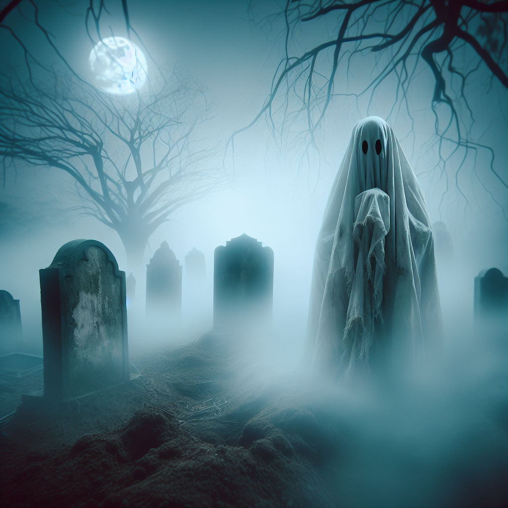 Ethereal Pocong Ghost in Moonlit Graveyard