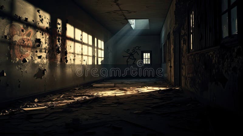 An eerie depiction of a shadowy school hallway suggesting paranormal activity