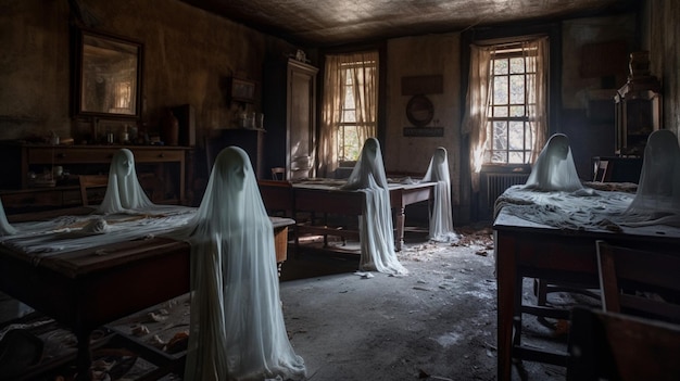 Artistic rendering of ghosts in an abandoned house suggests spirits haunting the memories of the space