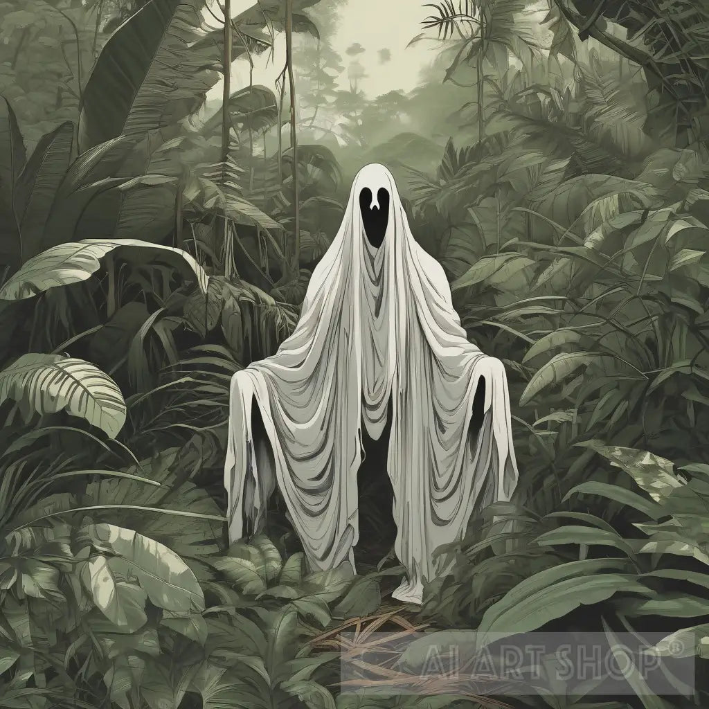 Depiction of a ghost in a jungle environment, symbolizing the eerie atmosphere present in the Langsuyar's legend.