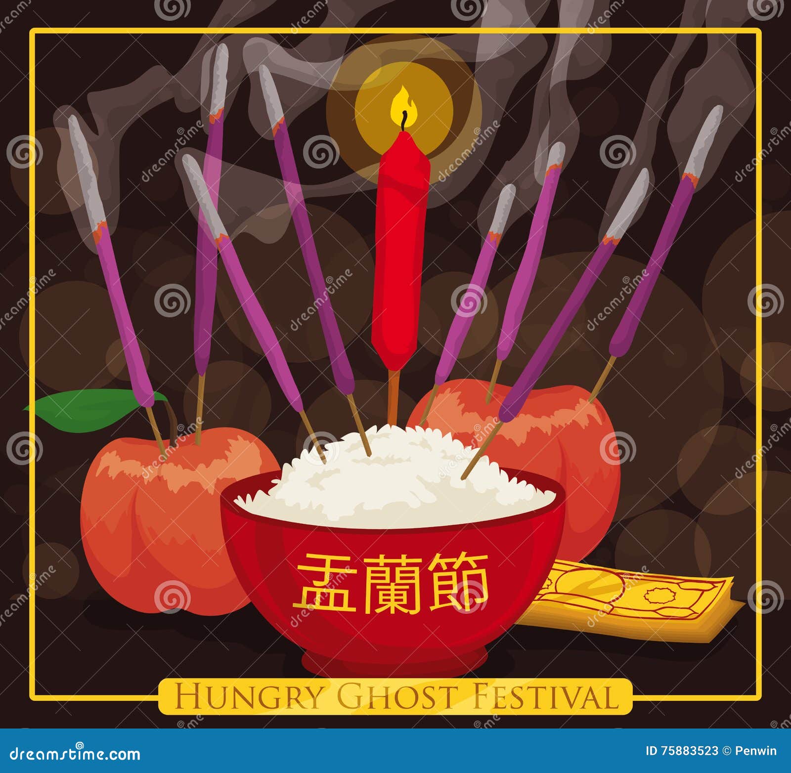 Illustration of offerings for spirits during the Hungry Ghost Festival, featuring rice, fruits, and joss sticks.