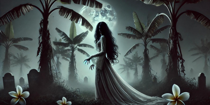 An artistic representation of the Pontianak ghost, showcasing its eerie and haunting features.