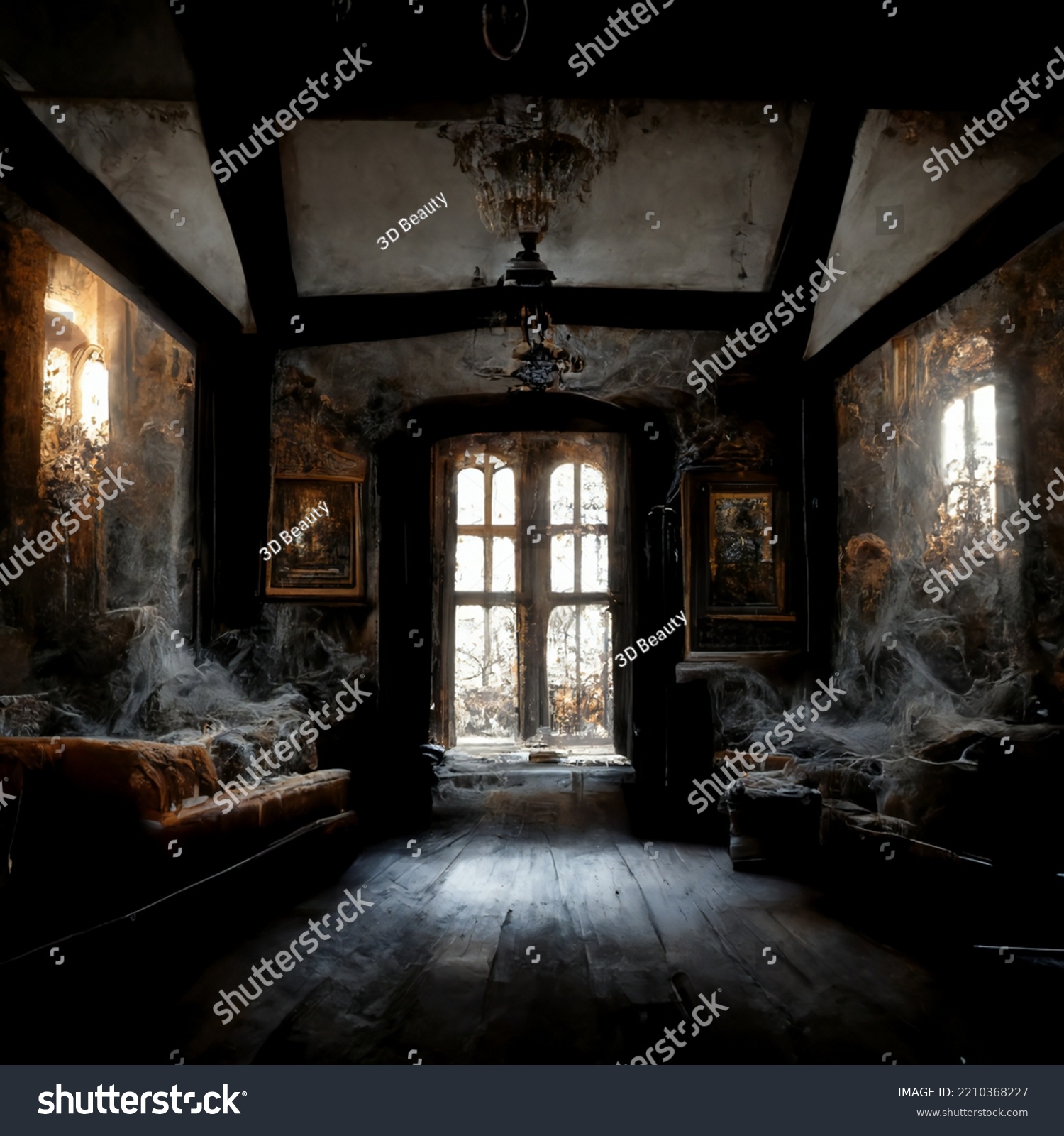 Interior of an abandoned haunted house with eerie shadows