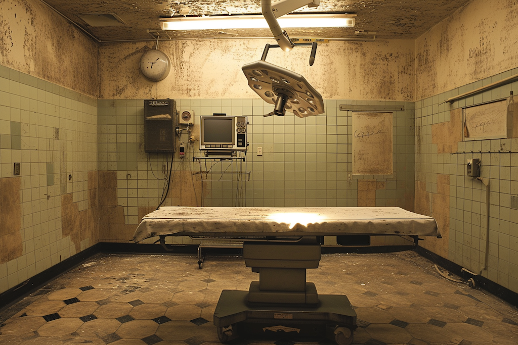 Desolate environment of an abandoned asylum, enhancing the emotional weight of the story.