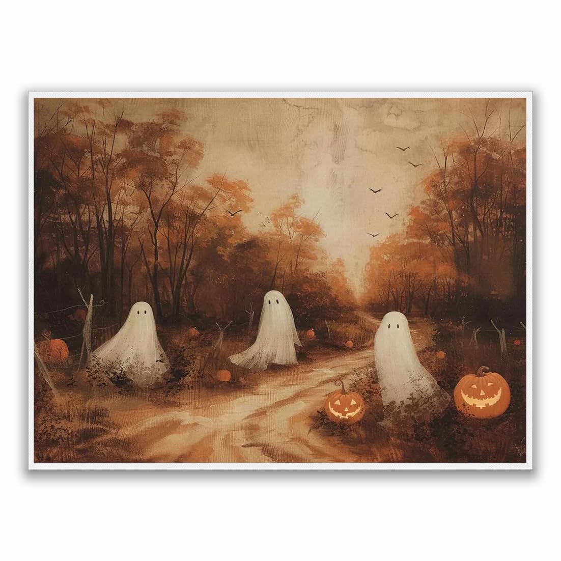 Moody ghost painting autumn landscape with cute ghosts in a haunted forest