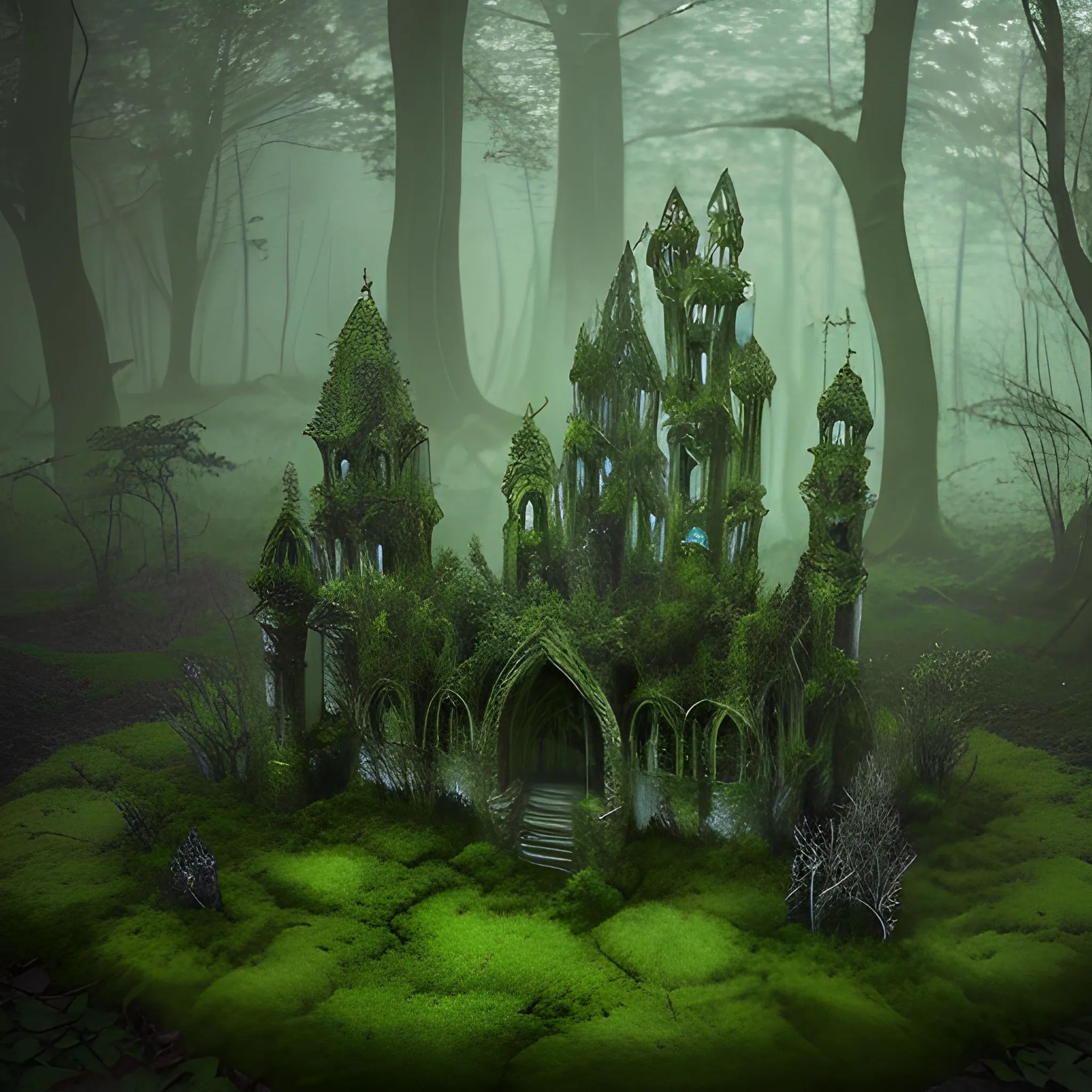 Ethereal spirits dance through moss-covered ruins, their shimmer ...