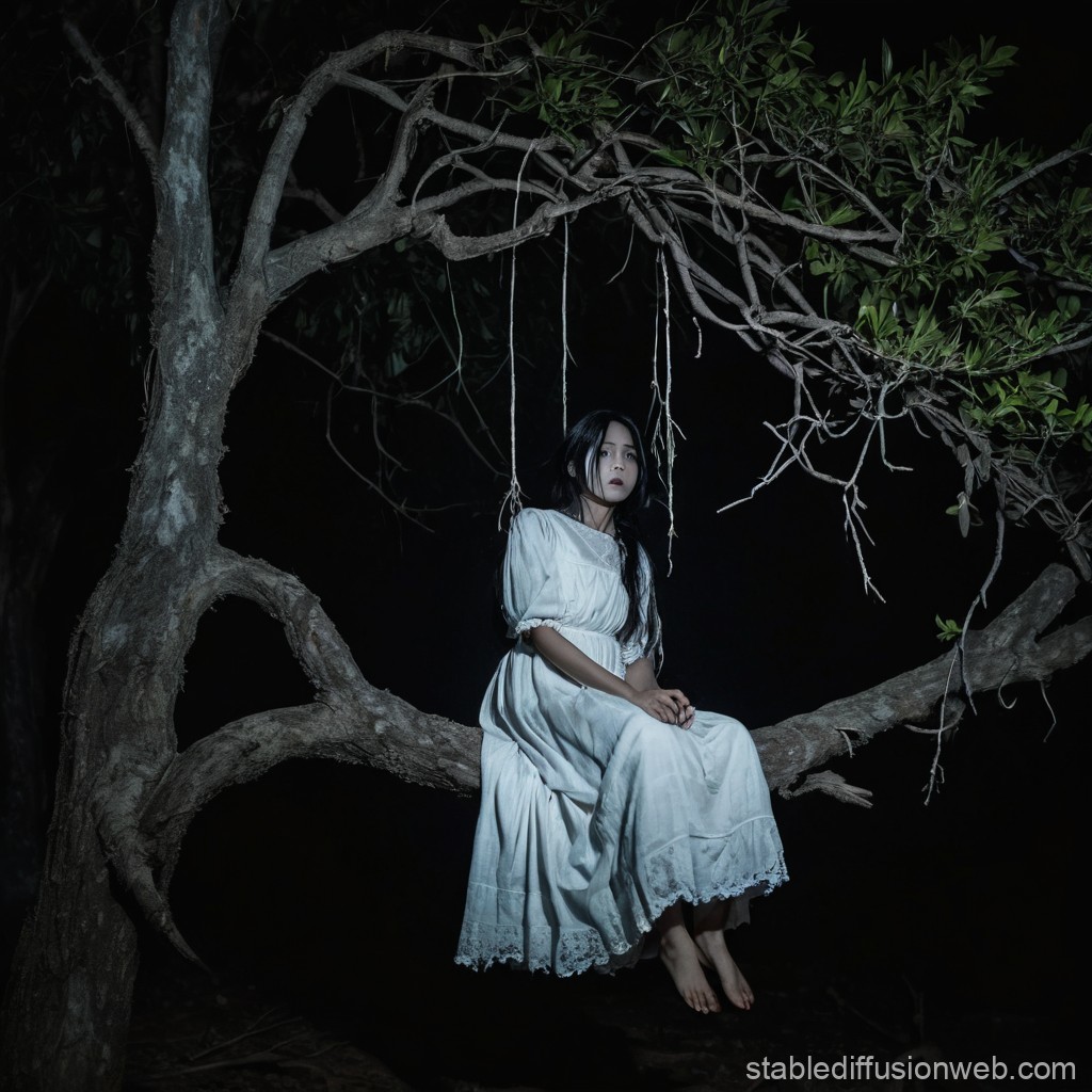 Illustration of the Pontianak ghost in a haunting white dress.