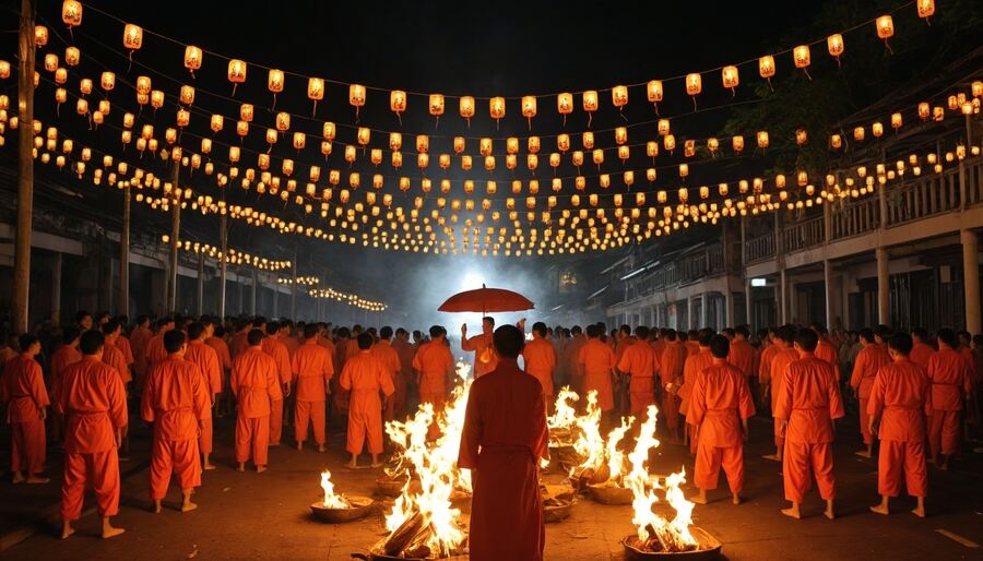 Hungry Ghost Festival celebration featuring ceremonial offerings and ghostly representations.