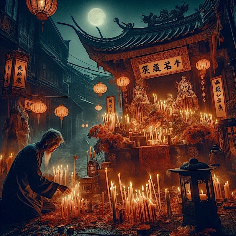 A beautifully arranged offering traditionally made during the Hungry Ghost Festival.