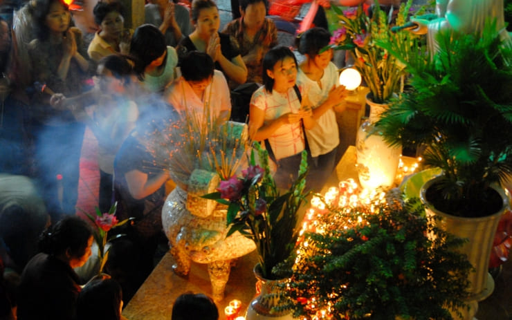 An altar set up for honoring ancestors during Ghost Month in Vietnam