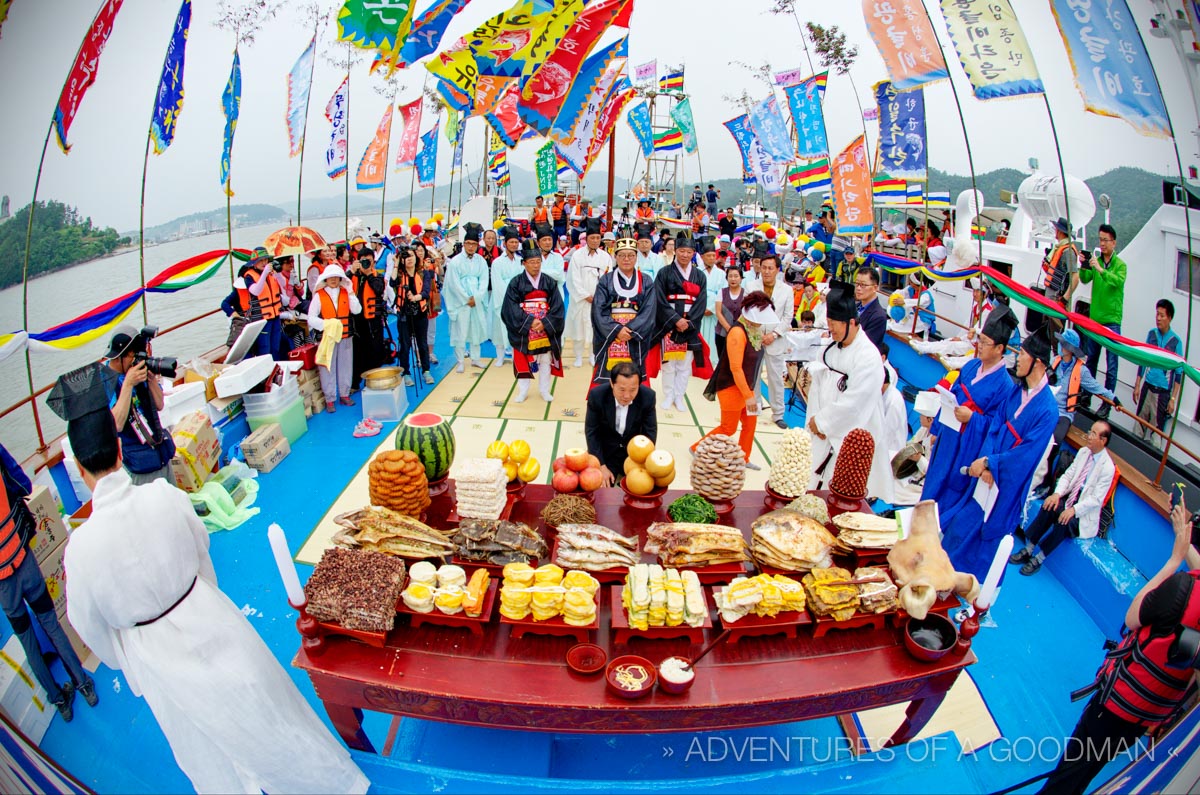 Offerings made during a traditional shamanic ceremony in a coastal town in South Korea.