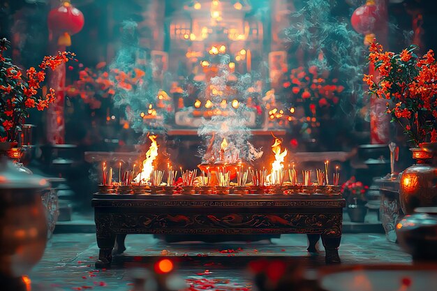 Altar table full of offerings and burning incense at the Hungry Ghost Festival