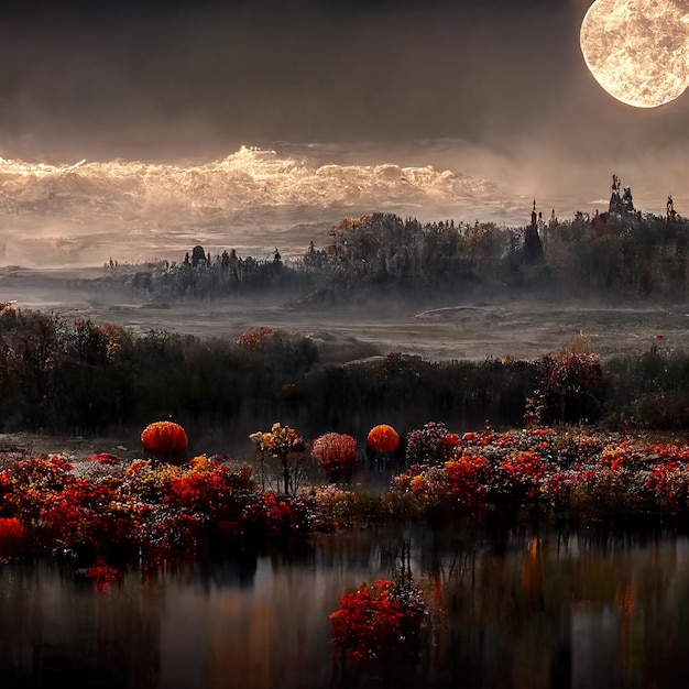 A serene and dreamy autumn landscape under moonlight creating a peaceful yet eerie atmosphere.