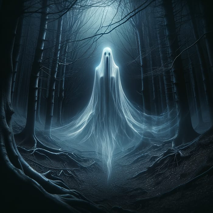 A ghostly figure depicted in a dark misty forest, emphasizing the chilling nature of the narrative.