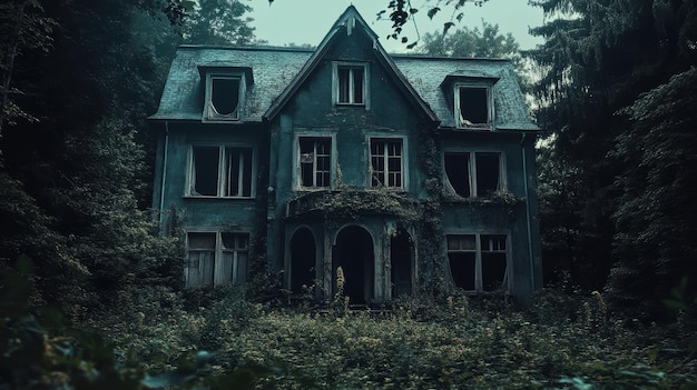 A creepy haunted house showcasing broken windows and overgrown plants, depicting a scene of despair and neglect.