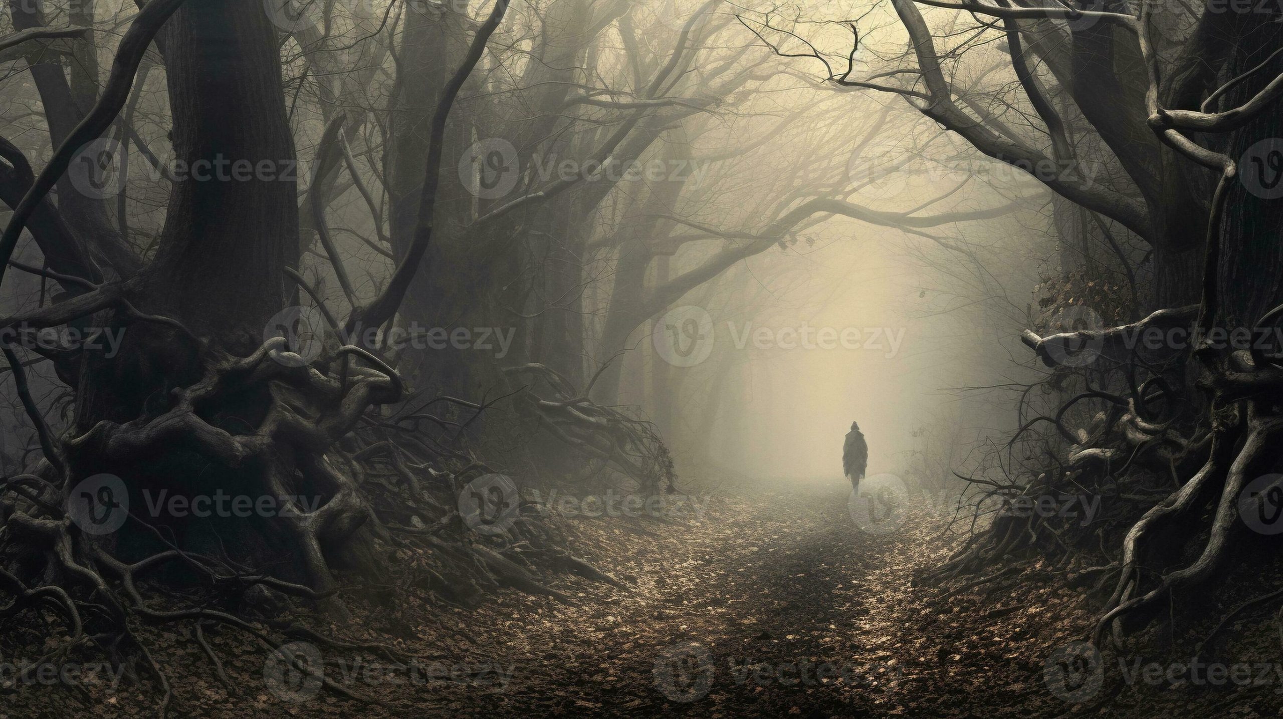 An artistic representation of ghostly figures wandering through a misty forest, symbolizing lost souls.