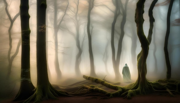 A captivating ghostly figure appears in an ethereal misty forest, embodying haunting legends.