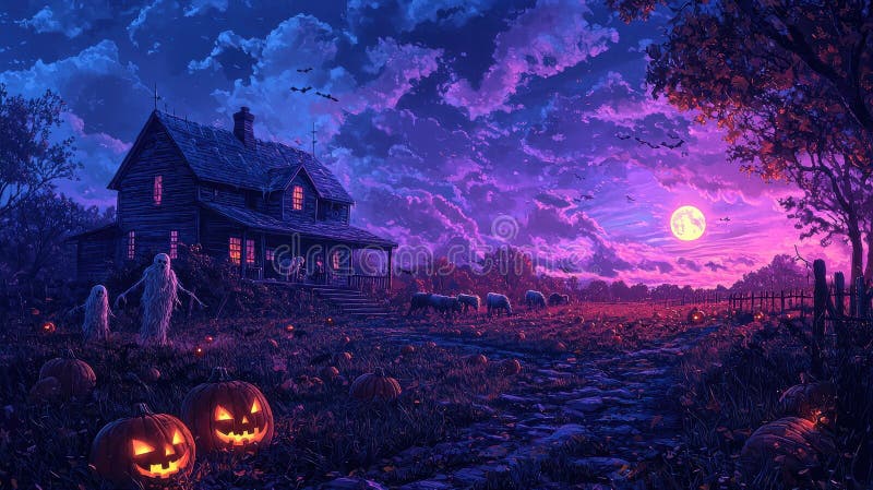 Haunted farmhouse with glowing jack-o-lanterns and ghosts during a moonlit Halloween night