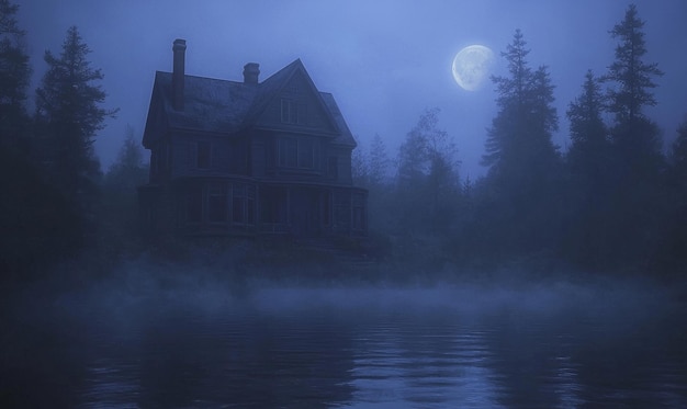 Haunted house by the moonlit foggy lake