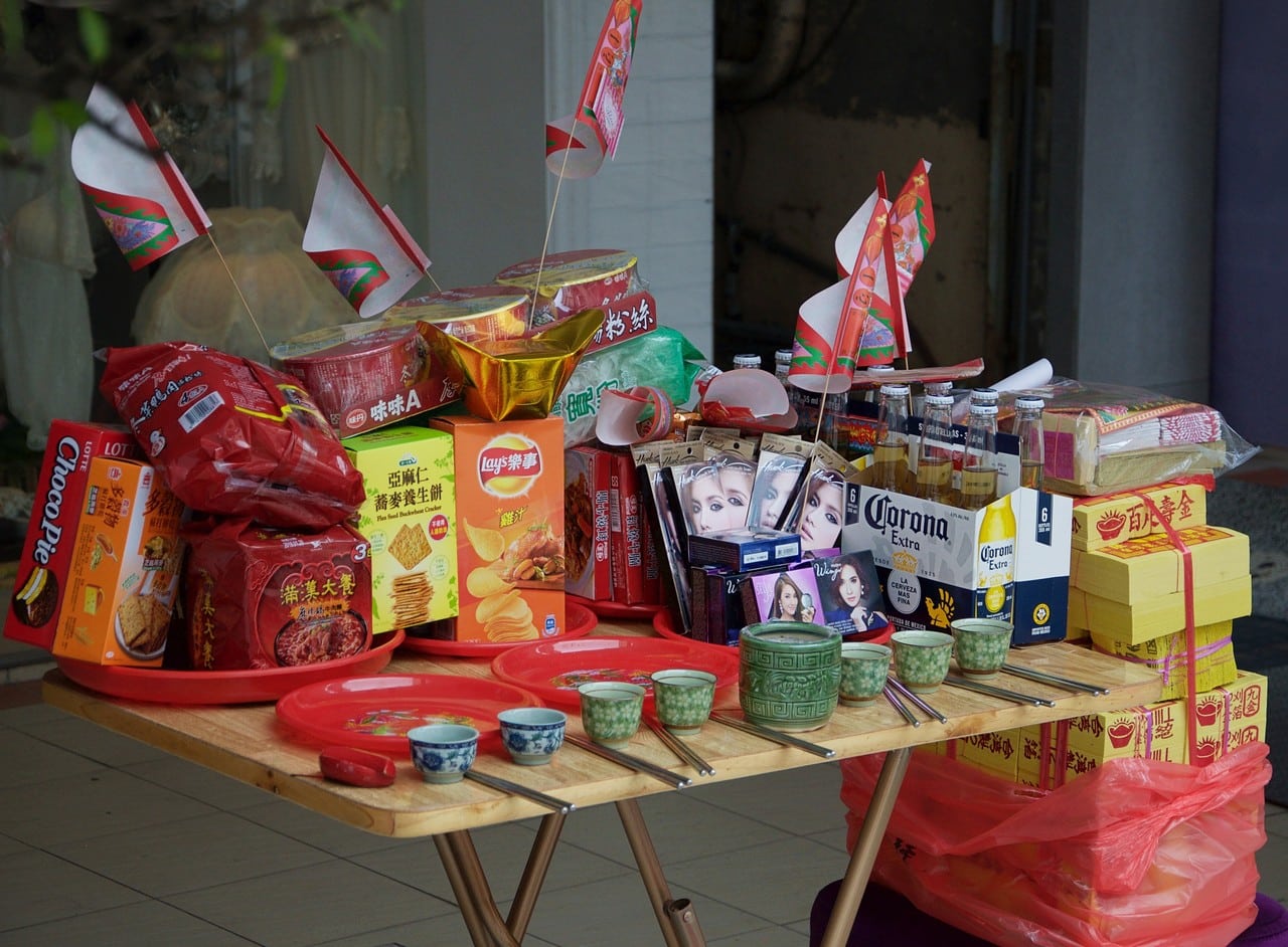 Set up of ancestral offerings during Ghost Month in Taiwan