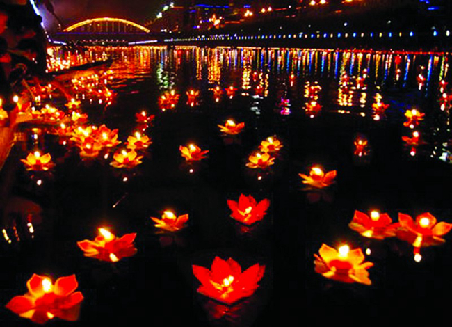 Lanterns illuminated during the Hungry Ghost Festival, enhancing the festival ambiance.