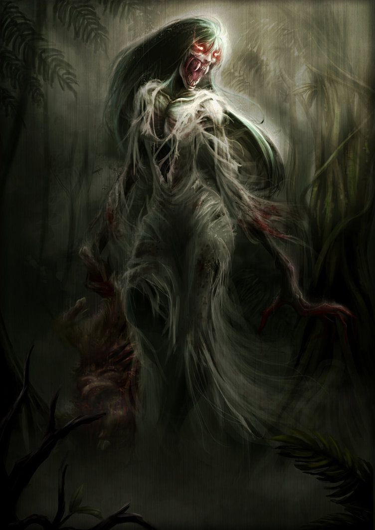 Artistic representation of the Pontianak ghost in Indonesian folklore, showcasing the eerie ambiance of legends tied to her character.